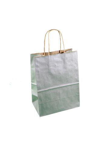Silver, Medium Recycled Paper Shopping Bags, 8" x 4-3/4" x 10-1/2" (Cub)